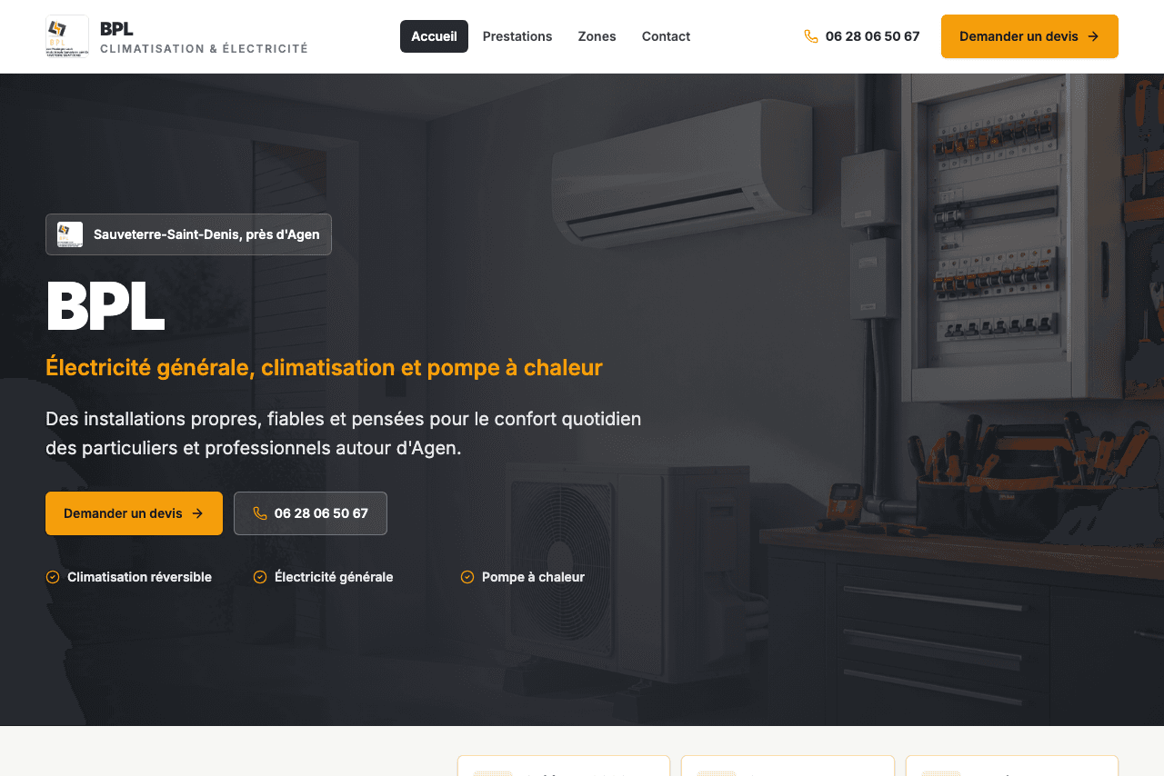 Site web BPL créé par Clari : électricité, climatisation et pompe à chaleur près d'Agen