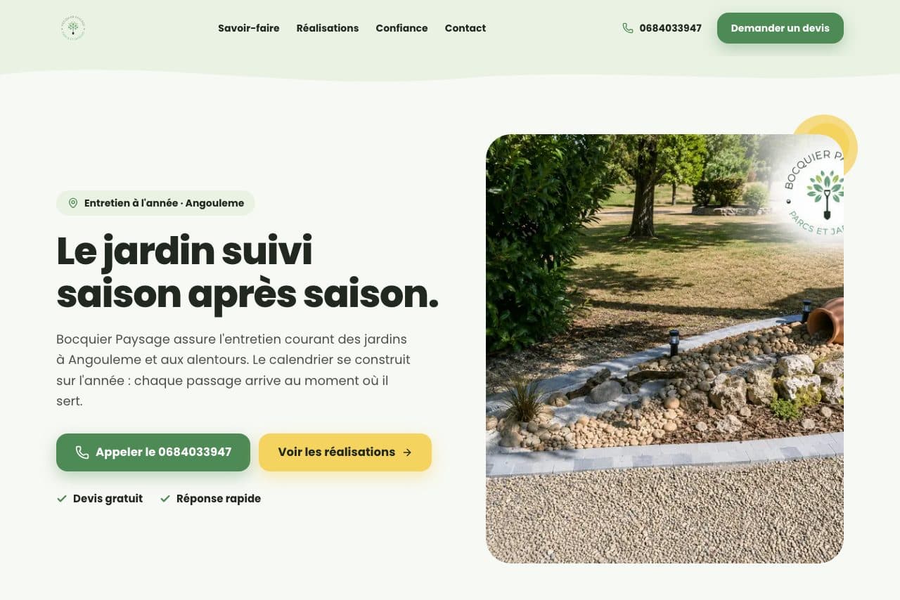 Site web Bocquier Paysage, entretien de jardins à Angoulême, créé par Clari