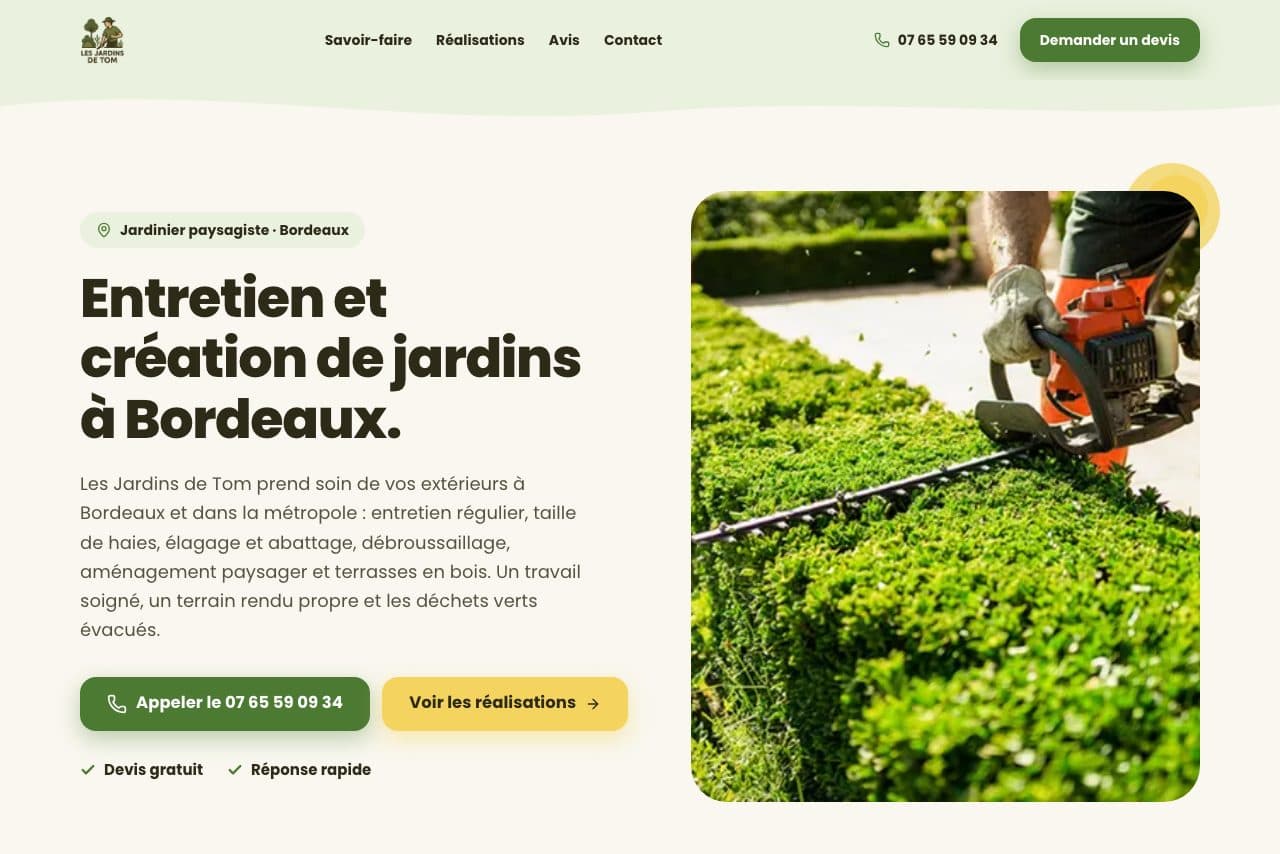 Site web Les Jardins de Tom, jardinier paysagiste à Bordeaux, créé par Clari