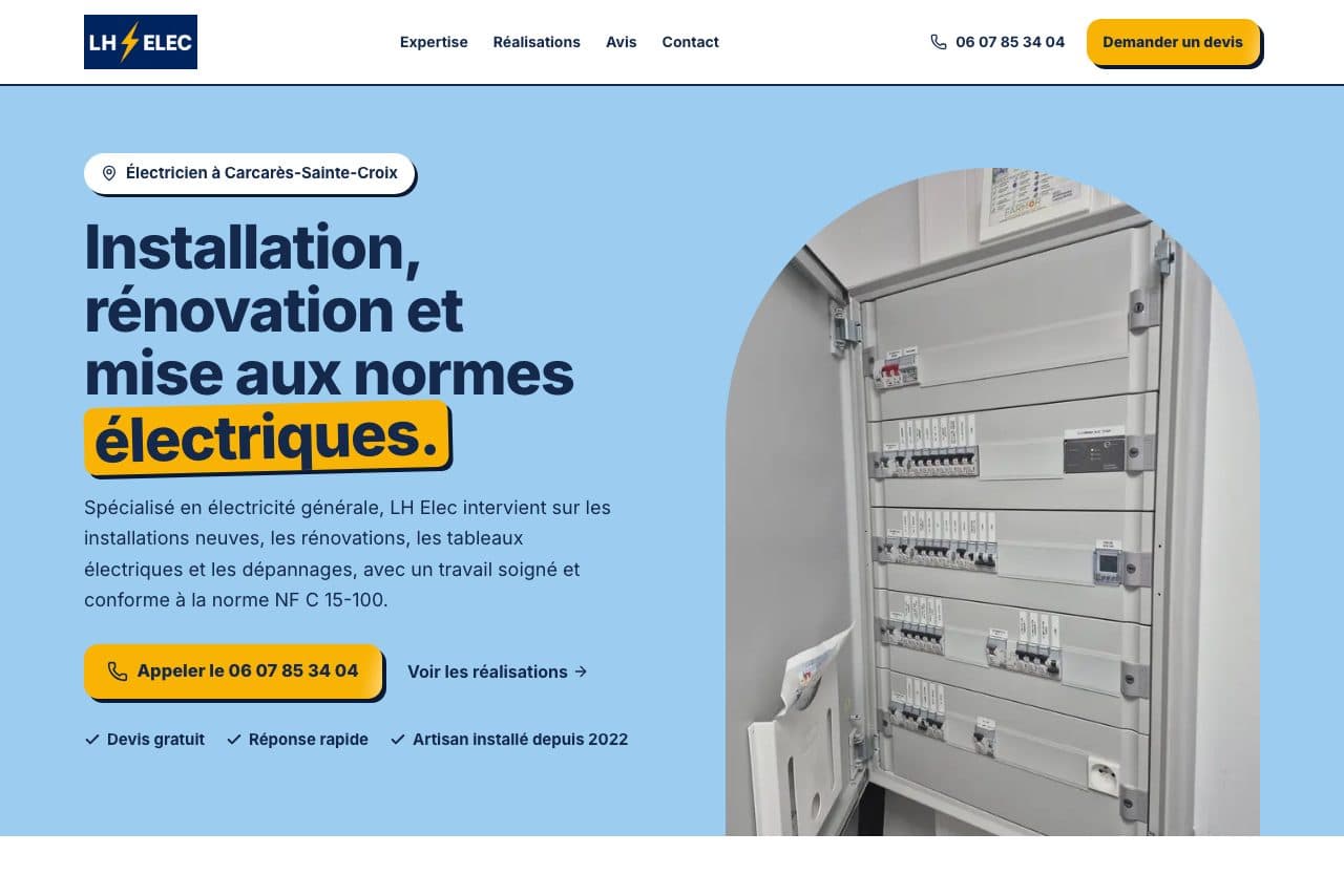 Site web LH Elec, électricien à Carcarès-Sainte-Croix, créé par Clari