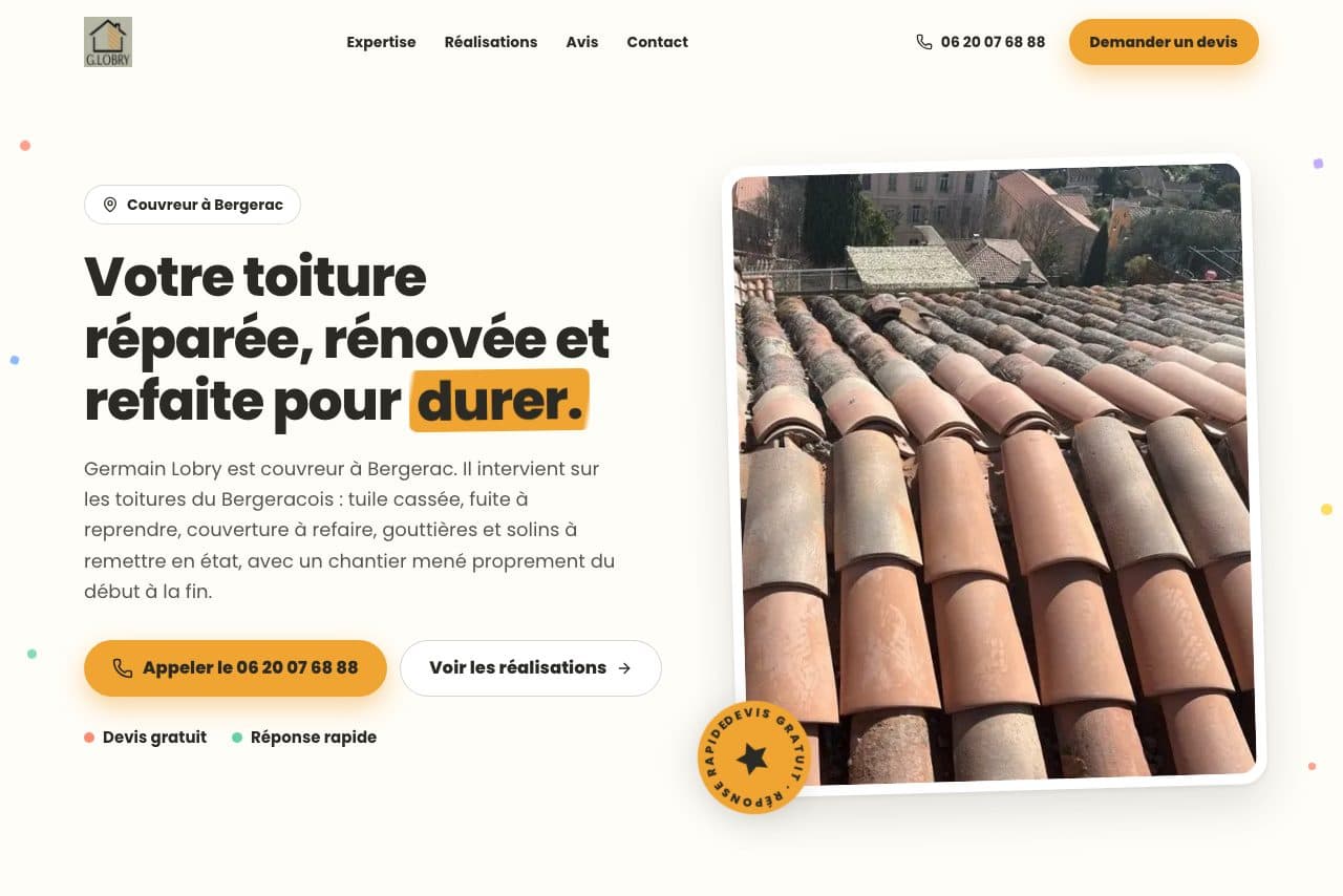 Site web G. Lobry, couvreur à Bergerac, créé par Clari
