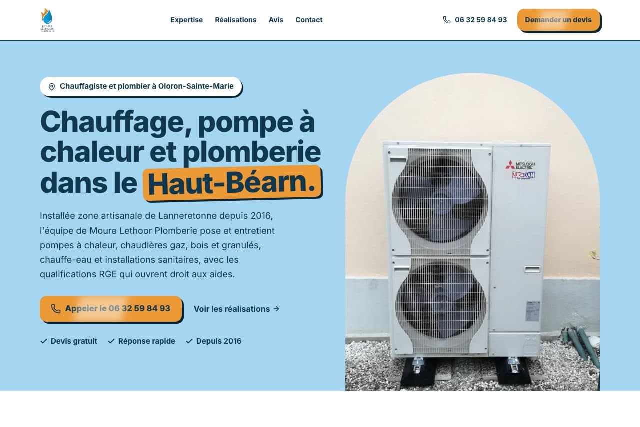 Site web Moure Lethoor Plomberie, plombier chauffagiste à Oloron-Sainte-Marie, créé par Clari