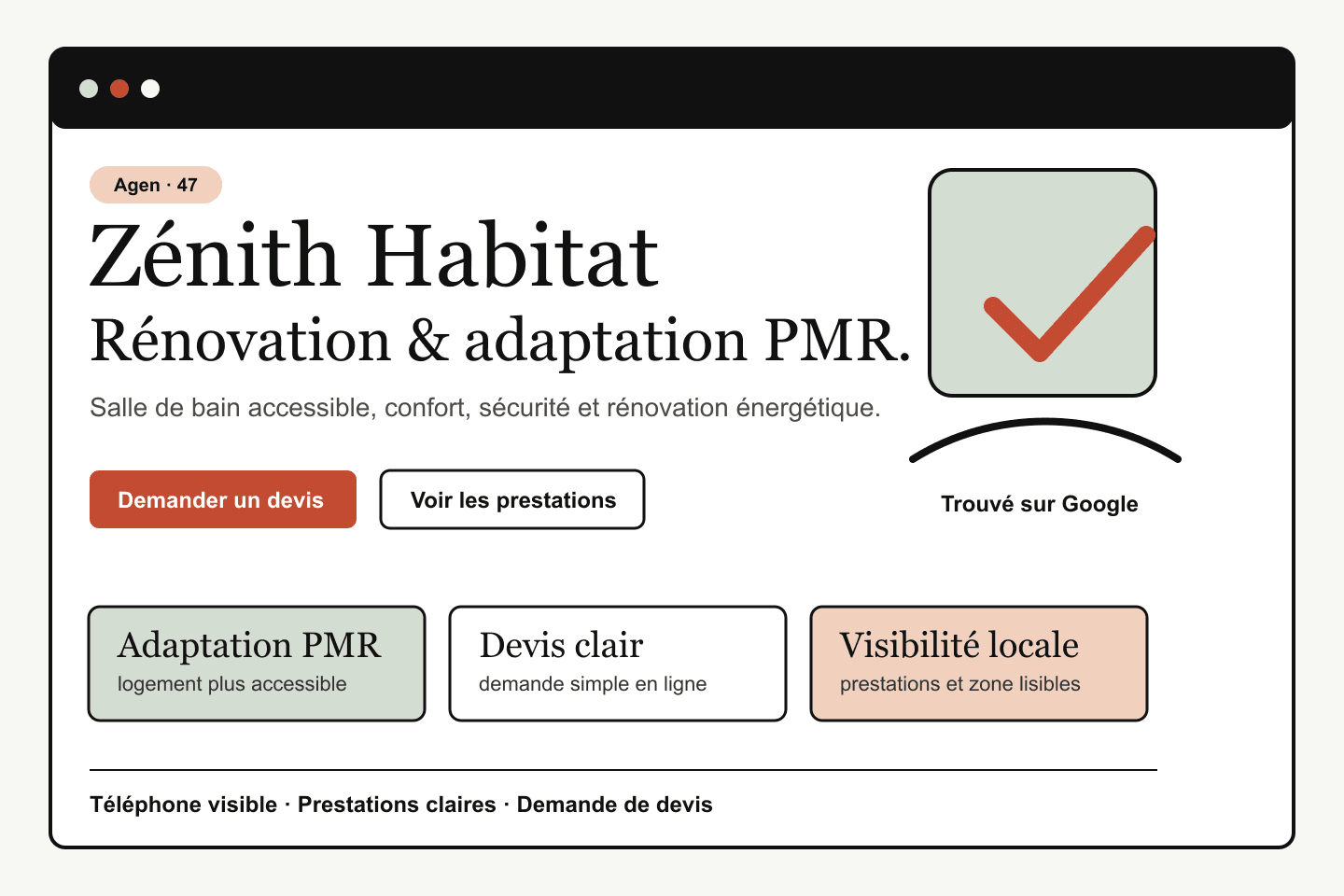 Site web Zénith Habitat créé par Clari, avec visibilité locale et demande de devis
